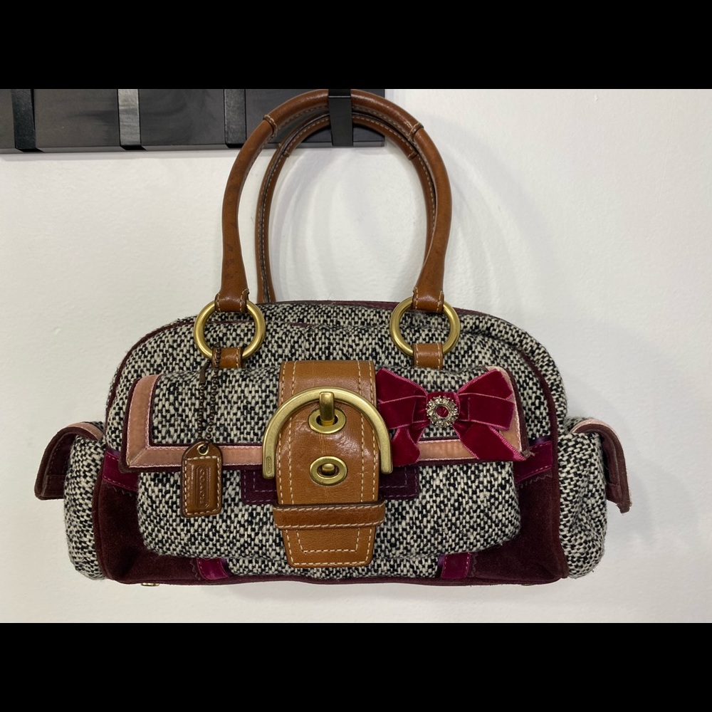 COACH Y2K Tweed Satchel Purple Suede Leather BAG Purse D052-8F03 Limited Edition